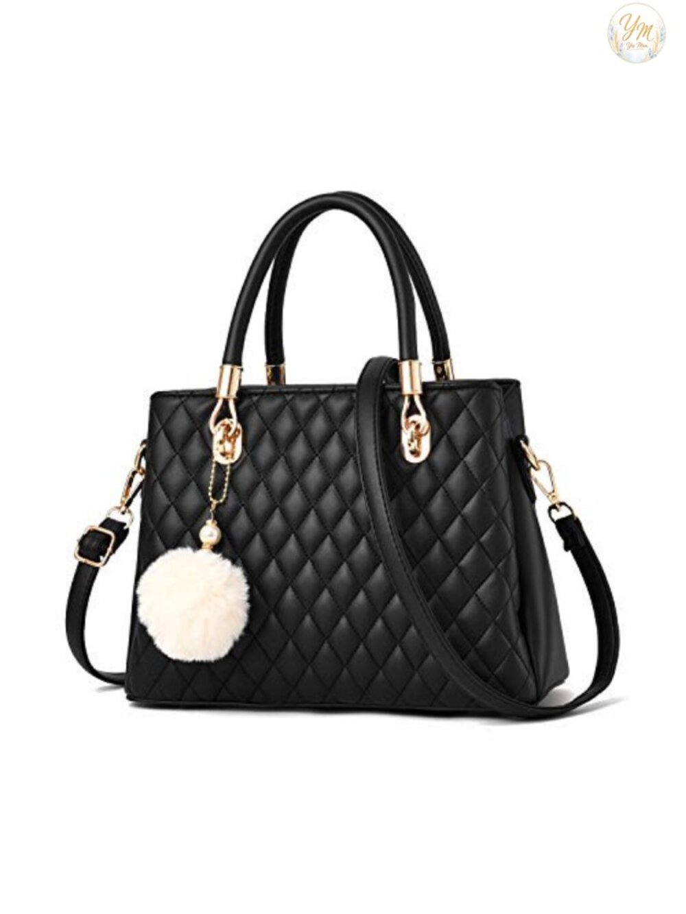 PU Leather Satchel Handbag with Pompon Adjustable Strap